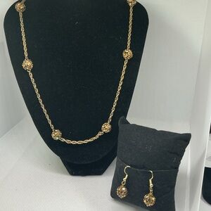 Vintage Gold Tone Rhinestone Ball Necklace & Earrings Set Crystal Station Chain